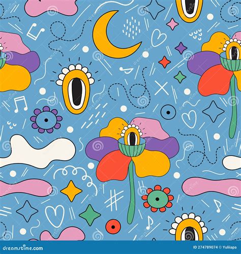 Trendy Colorful Retro Seamless Pattern With Fantasy Shapes Lines