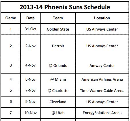 2013-14 Phoenix Suns Schedule - Printerfriendly