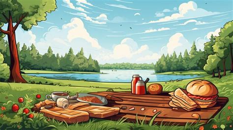 Un Picnic Junto Al Lago Con Una Mesa De Picnic Y Una Canasta De Picnic