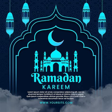 Um Cartaz Para Ramadan Kareem Um Fundo Azul E Uma Mesquita E Nuvens