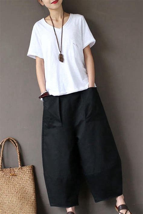 Black Loose Cotton Linen Casual Ankle Length Pants Women Clothes P1203 ...