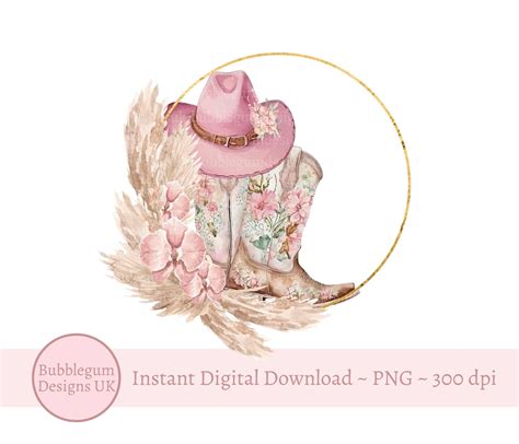 Boho Pink Cowgirl Hat And Boots Wreath Pink Cow Girl Boots Png Cowgirl Sublimation Design