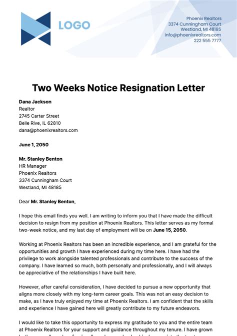 Free Two Weeks Notice Resignation Letter Template Edit Online And Download