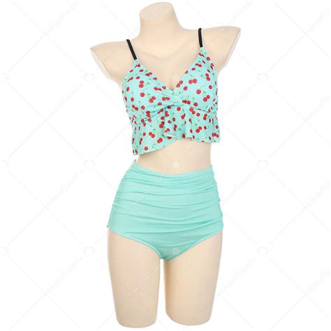 Women Two Piece Swimwear Cherry Prints Ruffle Hem Bikini Bathing Suit Bikini Set For Sale