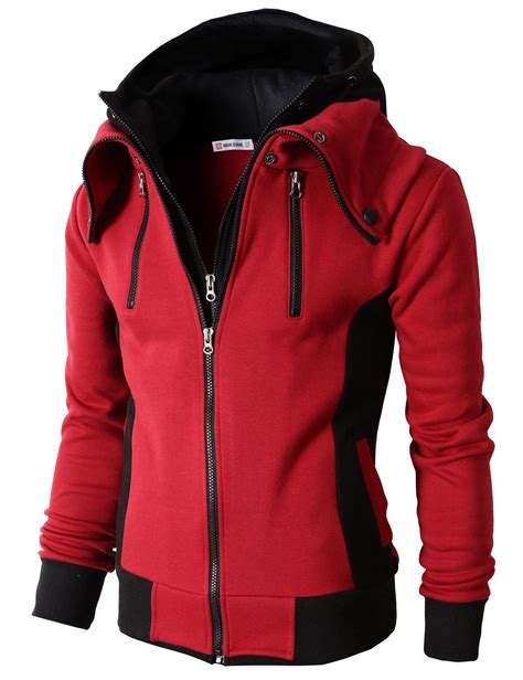 H2h Mens Oblique Zipper Hoodie Casual Top Coat Slim Fit Jacket Red Us