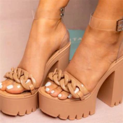 Chick Rebel Shoes Nib Nude Open Toe Chain Chunky Platform Heels