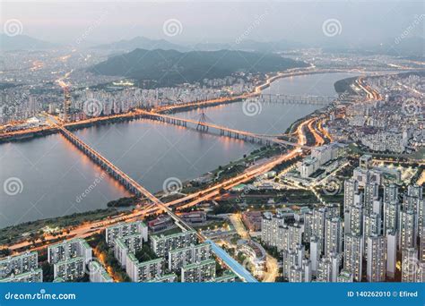 Evening Top View Of Bridges Over The Han River Seoul Editorial Image