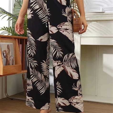 Floral Print Elastic Waist Pants Casual Wide Leg Cropped Temu Australia