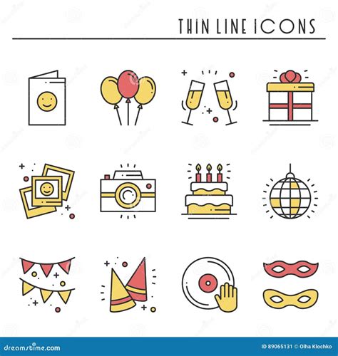 Party Celebration Thin Line Icons Set Birthday Holidays Event