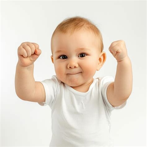 Premium Photo Cute Baby Hold His Fist Up To Celebrate The Success