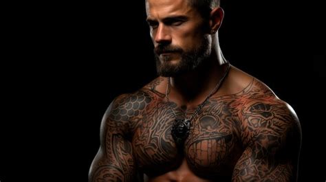 Premium Photo Handsome Bearded Male With Tattooed Muscular Body