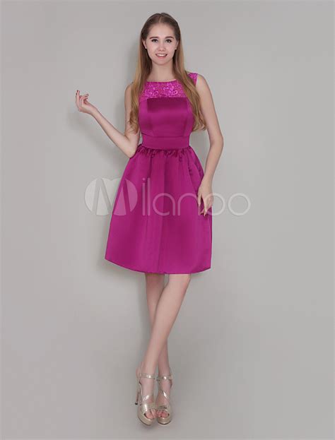 Magenta Bridesmaid Dress Satin Pleated Cocktail Dress Backless Jewel