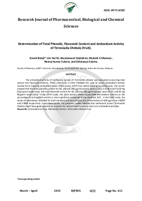 Pdf Determination Of Total Phenolic Flavonoid Content And