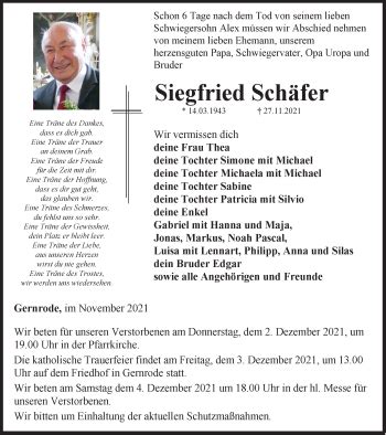 Traueranzeigen von Siegfried Schäfer trauer in thueringen de