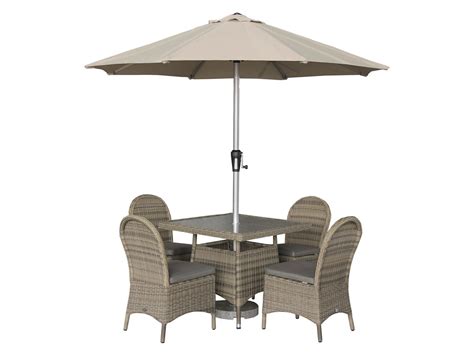 Bramblecrest Sahara Rattan 4 Seat Square Dining Set With Parasol And Base