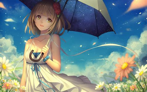 Anime Girl With Flower And Umbrella Hd Wallpaper