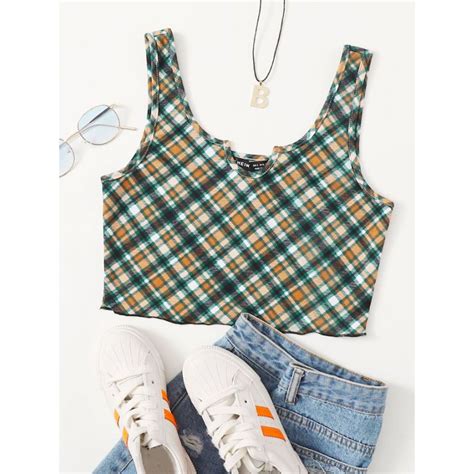 Regata Cropped Tank Top Xadrez Ribbed Laranja Branco Verde Flanelada