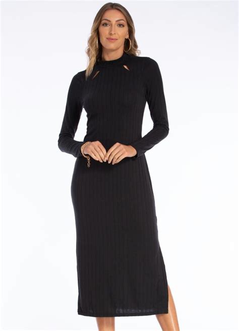 Vestido Midi Em Ribana Canelada Preto Briard