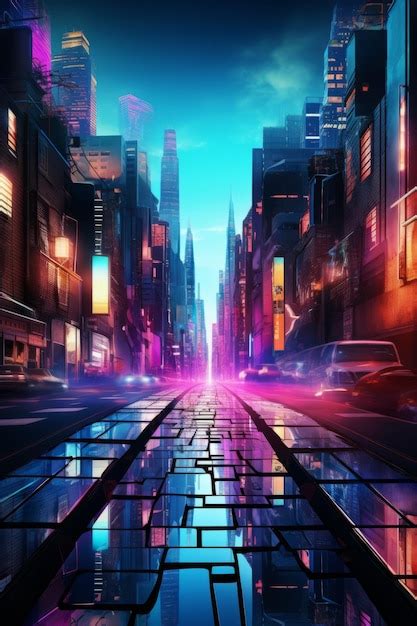 Futuristic City Street With Neon Lights Reflecting Off Wet Pavement