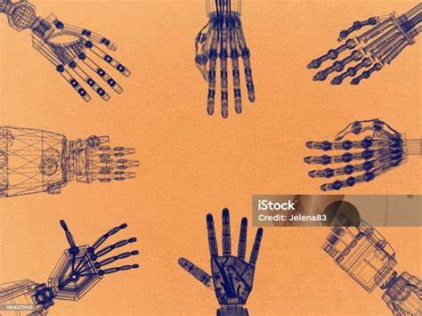 Robotic Arm Hands Retro Architect Blueprint Stock Photo Download