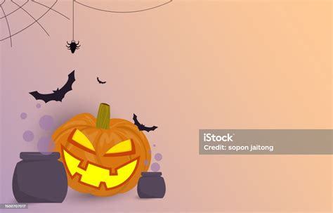 Halloween Background Decorated With Ghost Pumpkins Witch Cauldrons Bats And Spiders With Copy