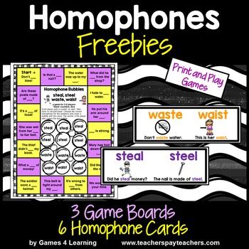 Homophones Games Board and Cards Freebie by Games 4 Learning | TpT