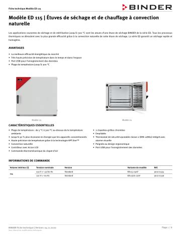 Binder ED 115 Étuves de séchage et de chauffage Fiche technique Manualzz