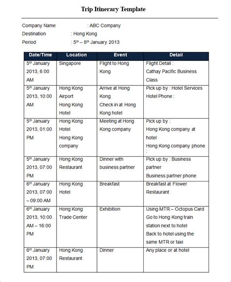 trip itinerary template   word excel documents