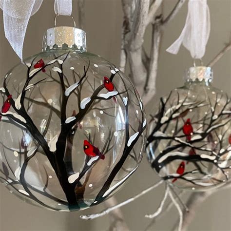 Cardinal Christmas Ornament Hand Painted Glass Holiday Tree Etsy