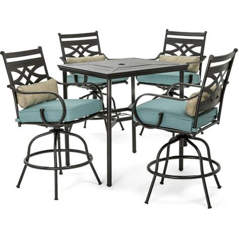 Hanover Montclair 5 Piece High Dining Patio Set In Ocean Blue With 4 Swivel Chairs And A 33 In