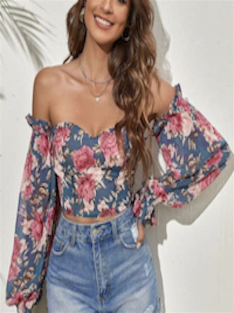 Buy Stylecast X Slyck Teal Blue Floral Printed Off Shoulder Bardot Crop