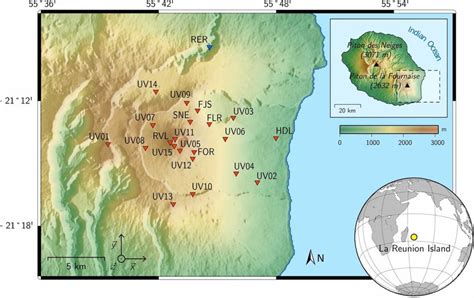 1 -Map of the Piton de la Fournaise volcano. The top right inset shows ...