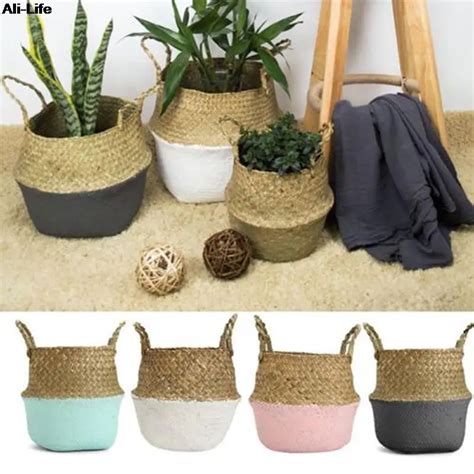 Mini pote plantador organização cesta de armazenamento rattan palha