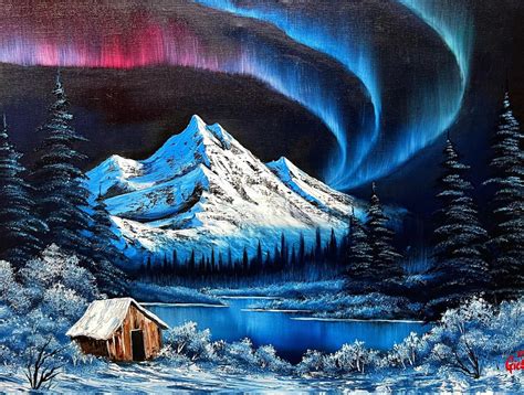 Bob Ross Style Original Mountain Oil Painting “Winter, 46% OFF