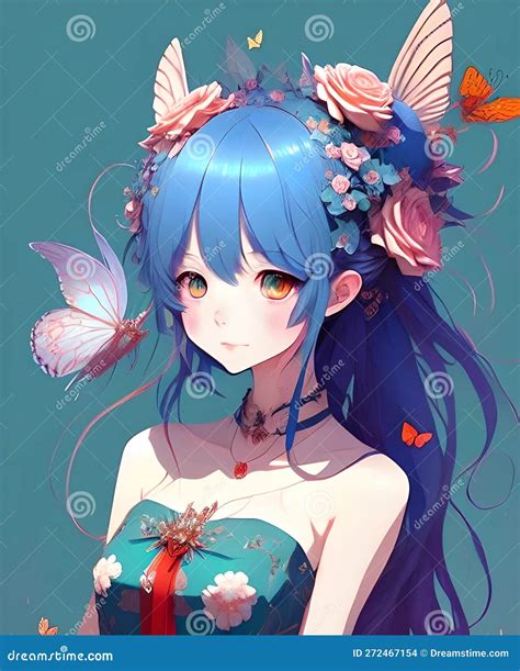 Cute Anime Girl Long Hair Roses Flowers Romantic Fantasy Character Illustration Stock