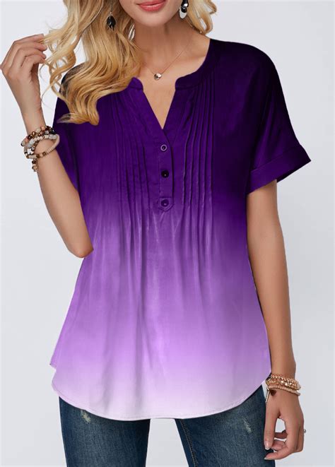 Gradient Button Detail Split Neck Crinkle Chest Blouse