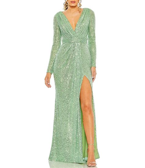 Ieena For Mac Duggal Long Sleeve Deep Surplice V Neck Sequin Thigh High