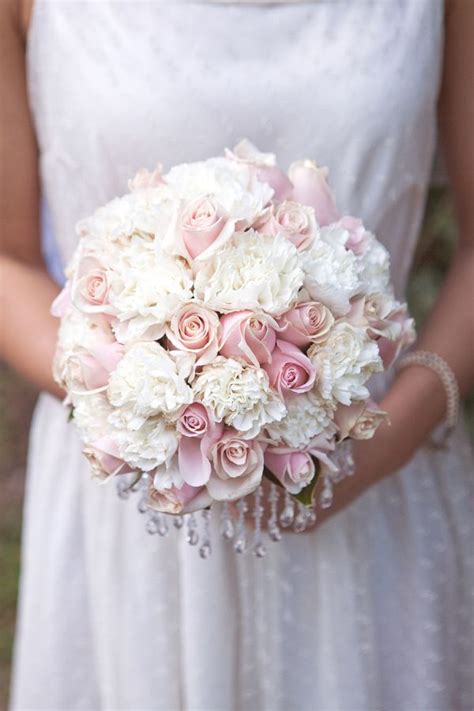 Light Pink Roses And Carnation Wedding Bouquet With Crystals Share In