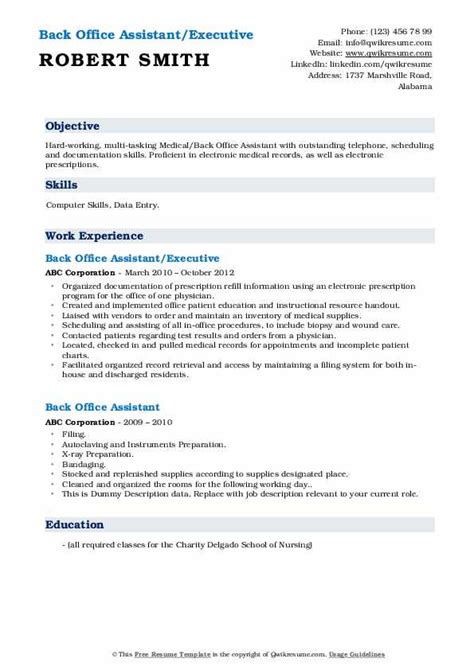 Back Office Assistant Resume Samples Qwikresume