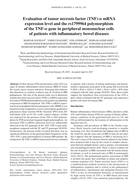 PDF Evaluation of tumor necrosis factor TNF α mRNA expression level