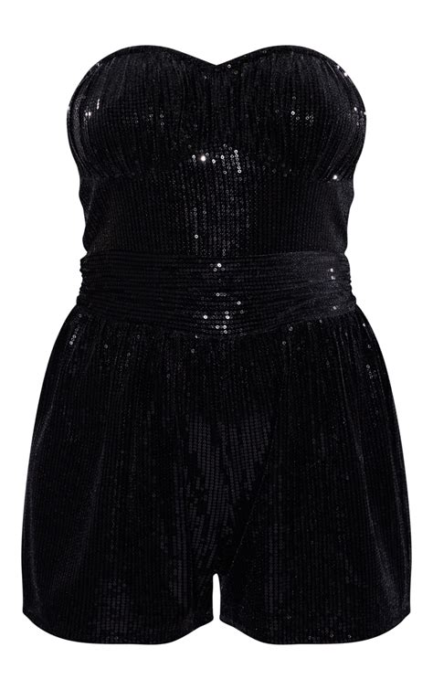 Black Velvet Sequin Bandeau Ruched Bust Playsuit Jumpsuits And Playsuits Prettylittlething Uae