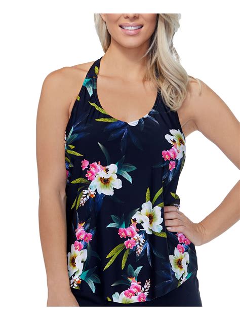 Island Escape Womens Black Tropical Print Stretch Full Bust Support