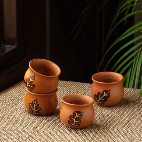 Buy Exclusivelane Leaf Terracotta Hand Painted Kullad Tea Cups Set