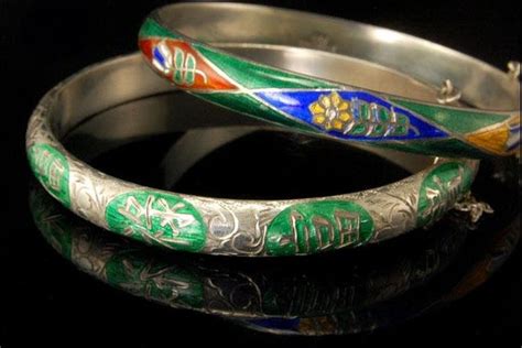 2 Vintage Thailand Symbol Enamel 925 Sterling Bangle Gem