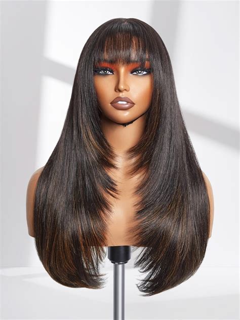 Amazon GORGIUS Highlight Straight Wig With Bangs Glueless Black