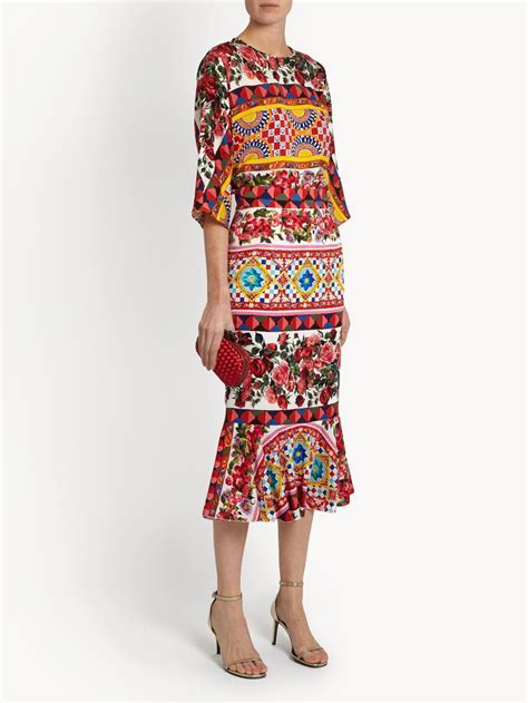 Carretto Print Stretch Silk Midi Skirt Dolce And Gabbana