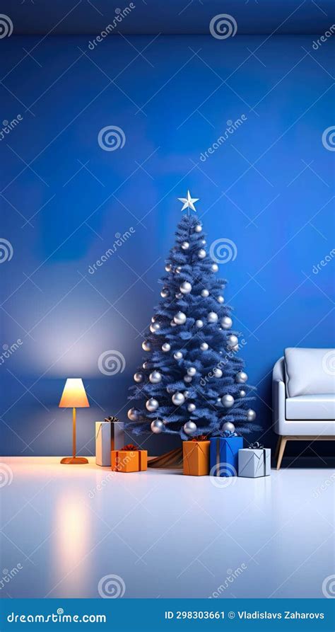 Simple Blue Room Featuring a Cartoon-style Christmas Tree for a Festive ...