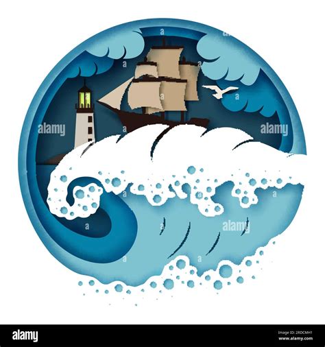 Sailboat And Raging Sea Vector Illustration In Paper Art Style Stock