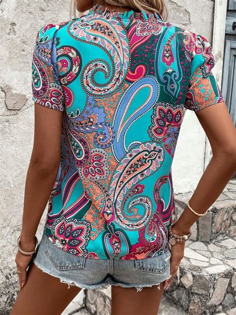 SHEIN VCAY Paisley Print Notched Neckline Puff Sleeve Blouse SHEIN