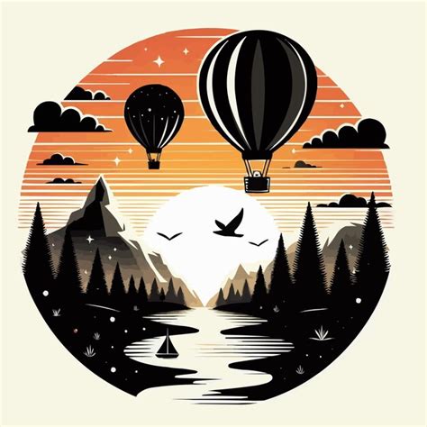 Transportation Hot Air Balloon Silhouette Trees Mountain With Sunset Premium AI Generated Vector